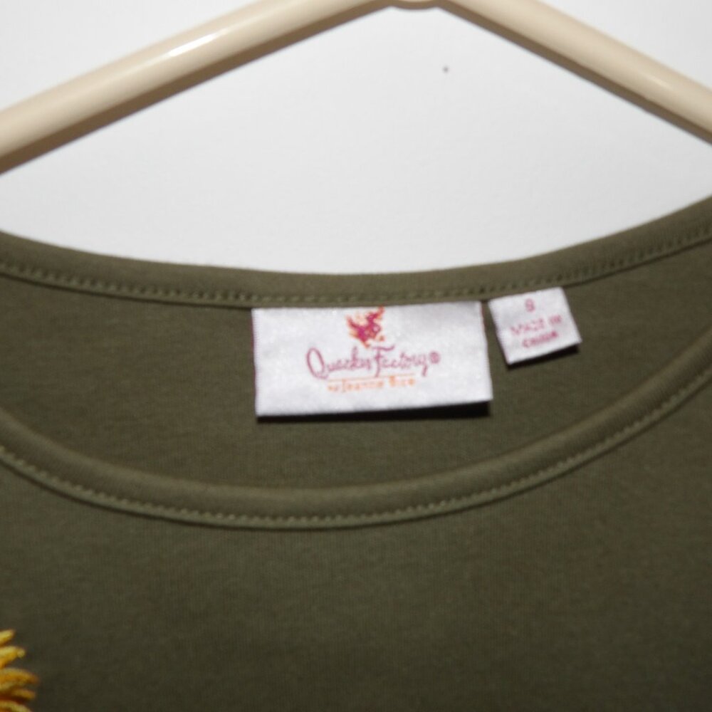 Fall Quacker Factory Shirt Top Green Beaded Floral Embellished 3/4 Sleeve Small - Picture 3 of 4